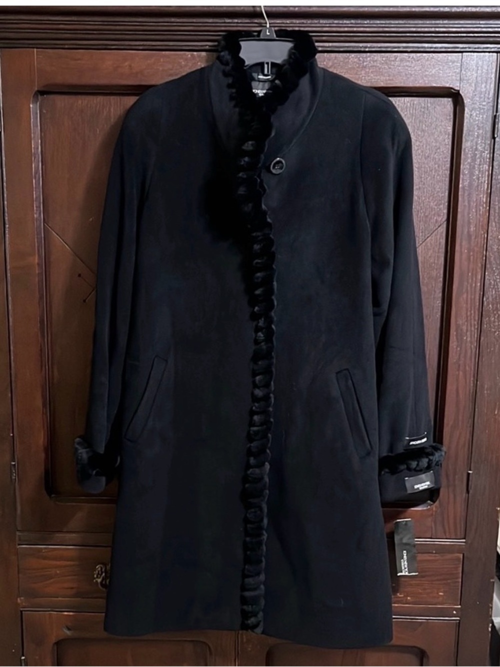 Jones New York Black Angora Wool Fur Trim Coat 12 Mob Wife Vintage Old Money - Picture 2 of 9